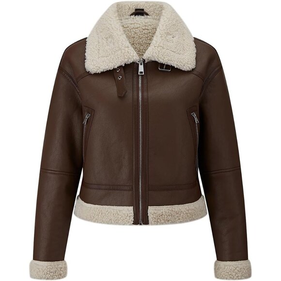 Jackets & Blazers - Women's Fur Leather Jacket Shearing Cropped Faux Fur Lined Moto Biker 155 Brown